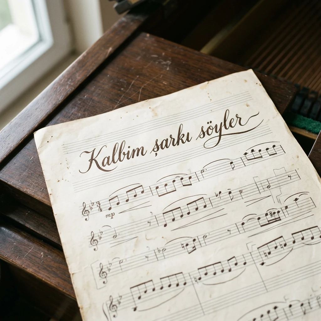 Kalbim şarkı söyler ifadesi eski bir nota sayfasında kahverengi el yazısıyla