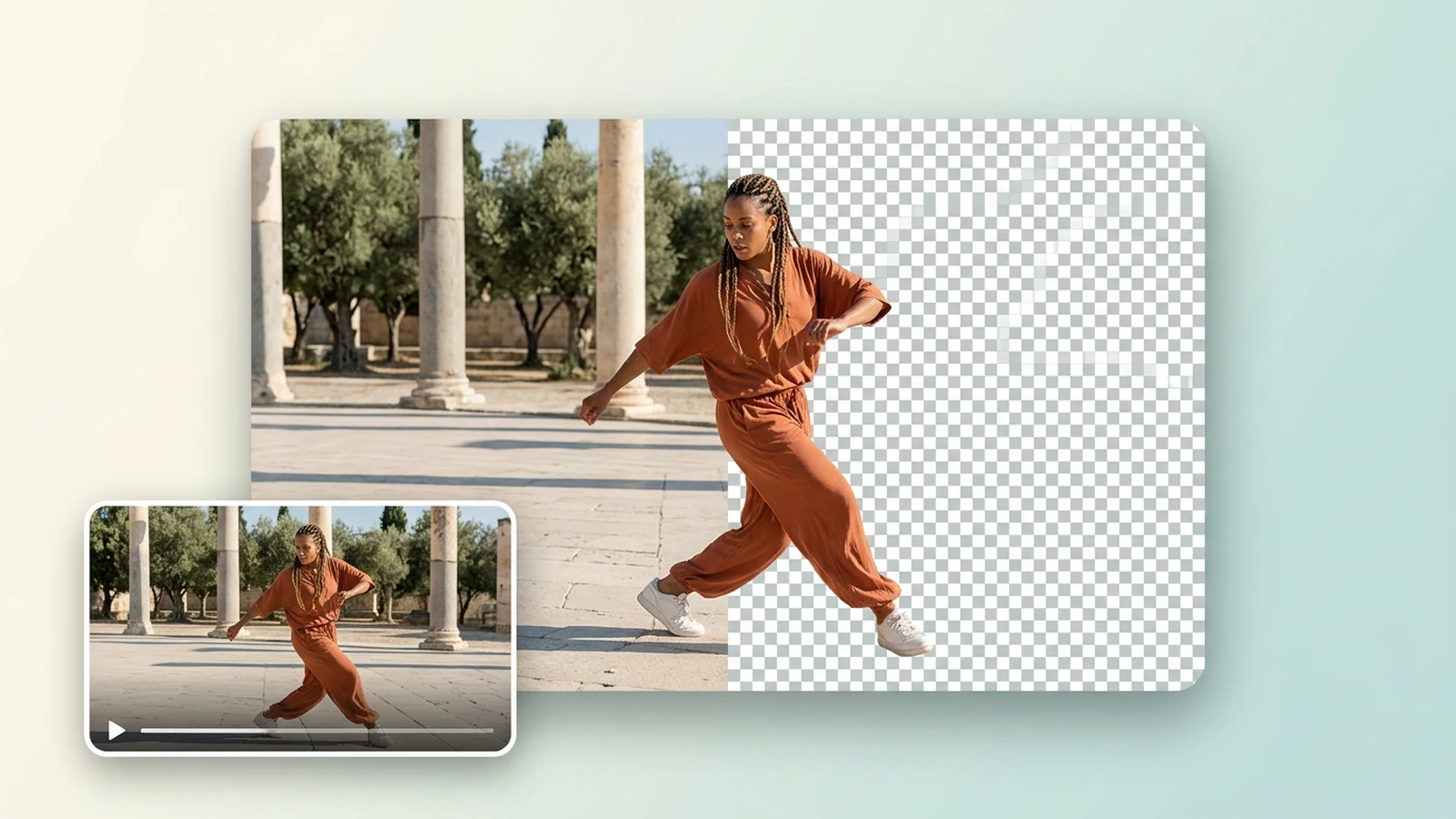 Illustration of a dancer in a plaza, with the background changing to a transparency checkerboard and an inset video preview.