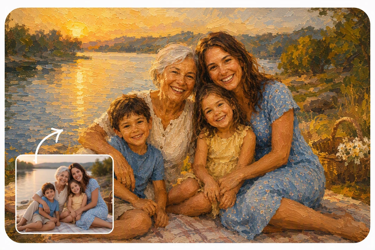 A multigenerational family photo transformed into a warm lakeside oil-painting keepsake
