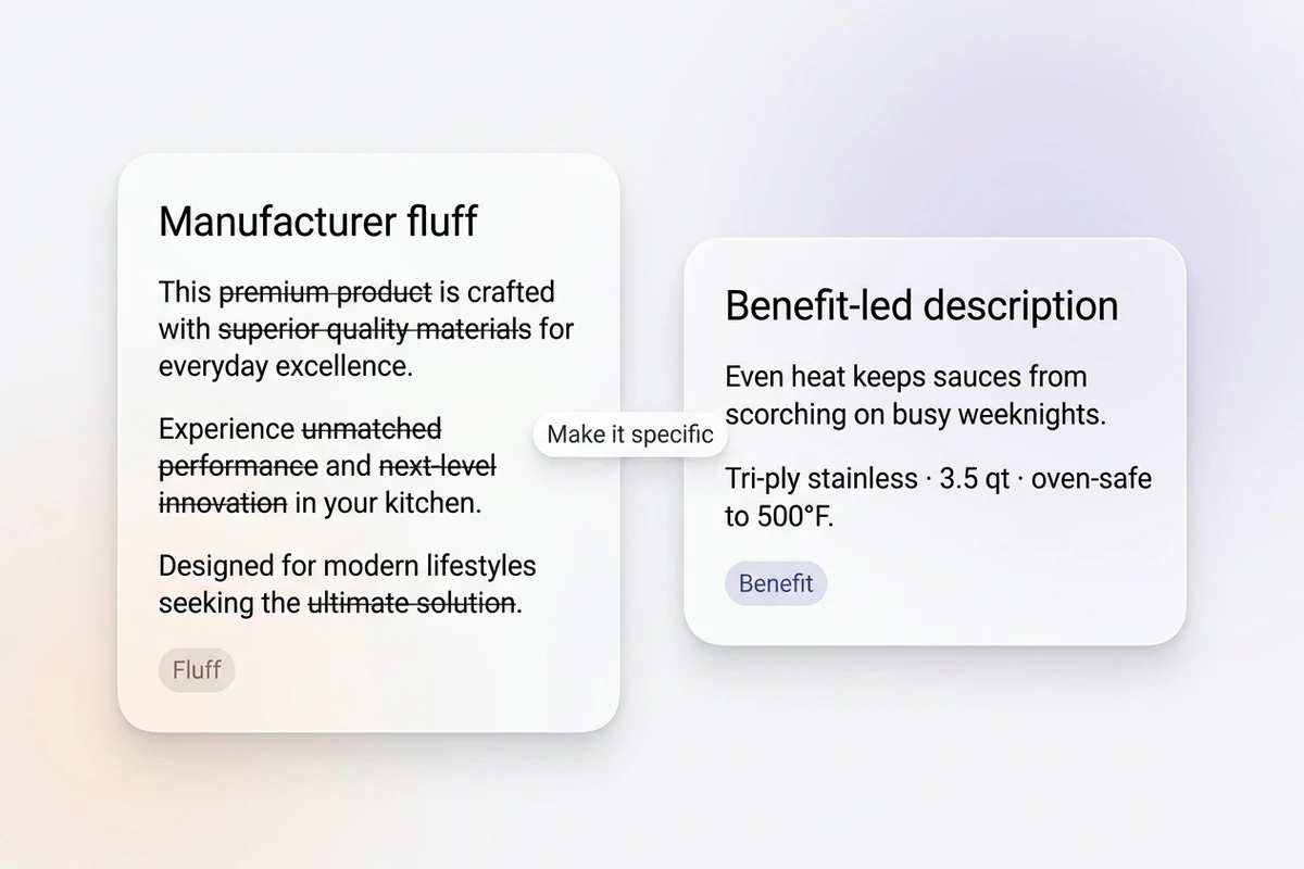 Split soft cards comparing struck-through manufacturer fluff with a benefit-led product description.