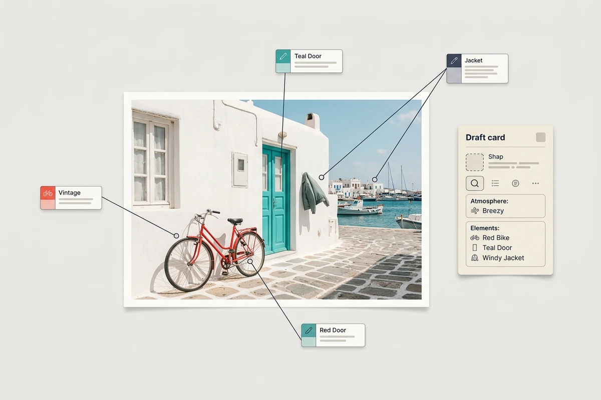 A seaside town photo with callouts identifying a red bicycle, teal door, jacket, and harbor for a caption draft.