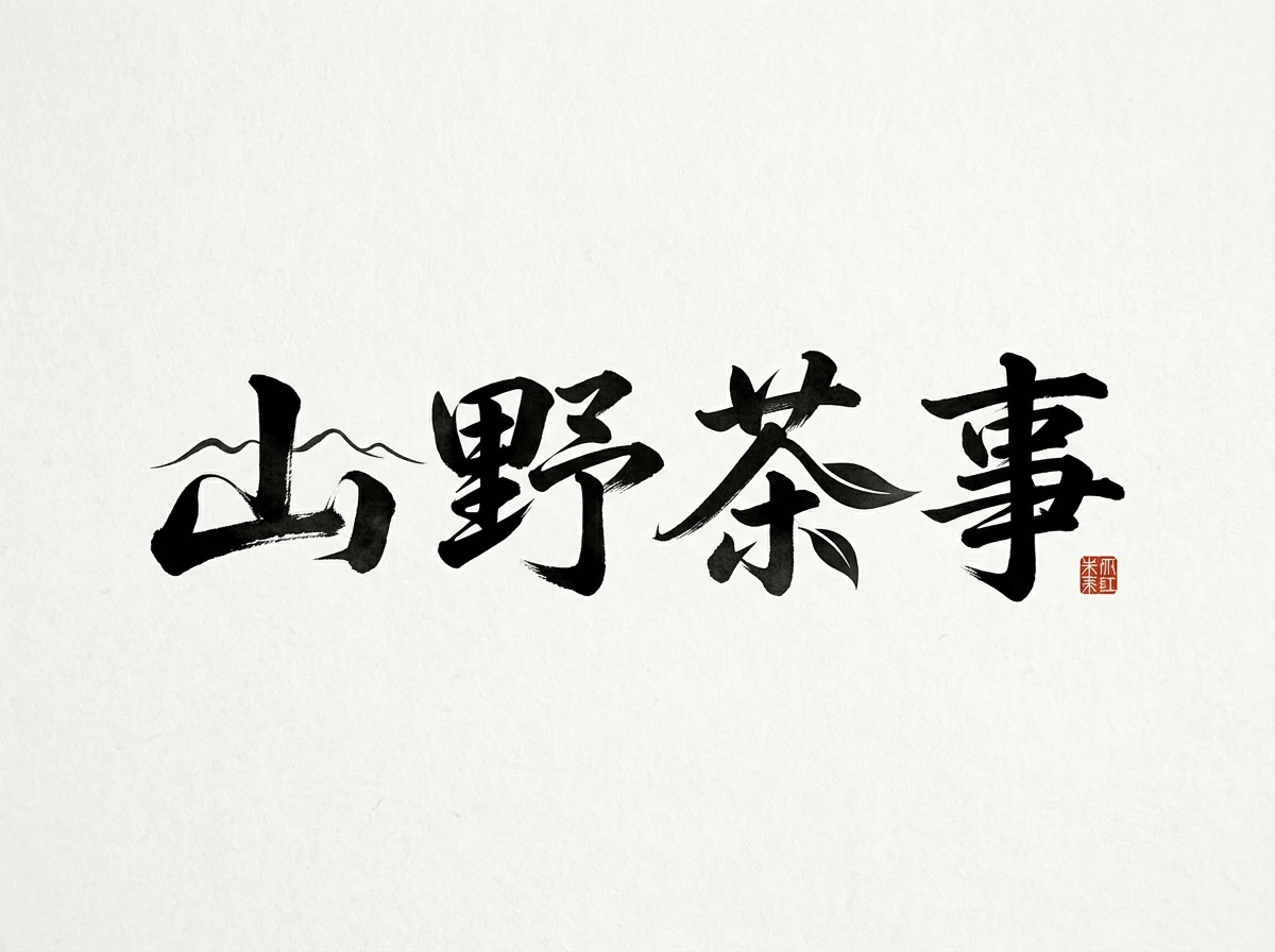 山野茶事黑色毛笔字标结合极简山形、茶叶和朱红点缀