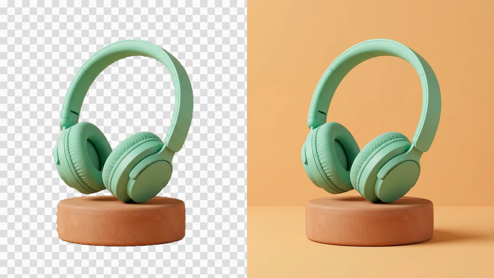Mint headphones on a terracotta pedestal, shown against checkerboard and apricot backgrounds.
