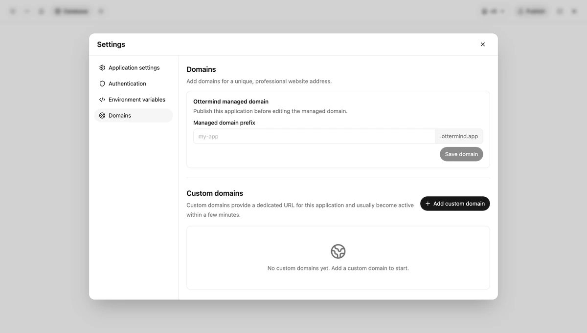 Ottermind domain settings for publishing a website to a managed or custom address