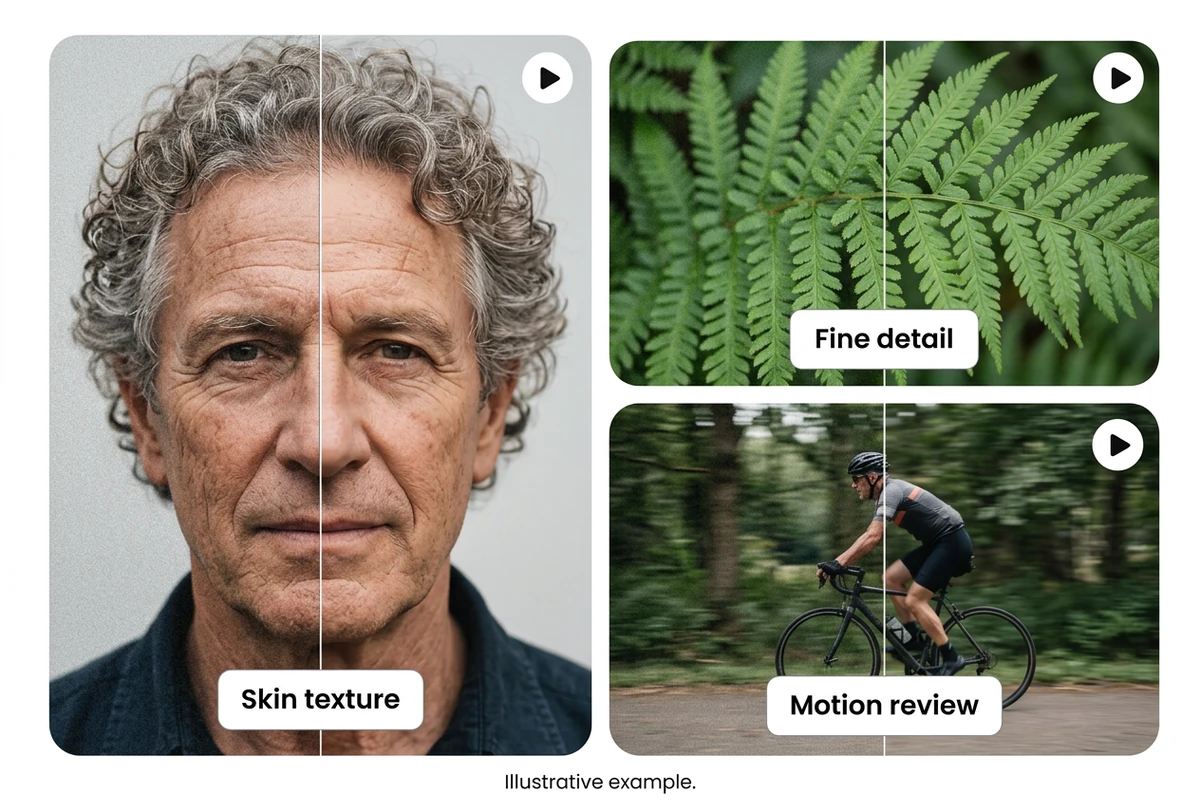 Conceptual grain comparisons showing an older man, fern details and a moving cyclist.
