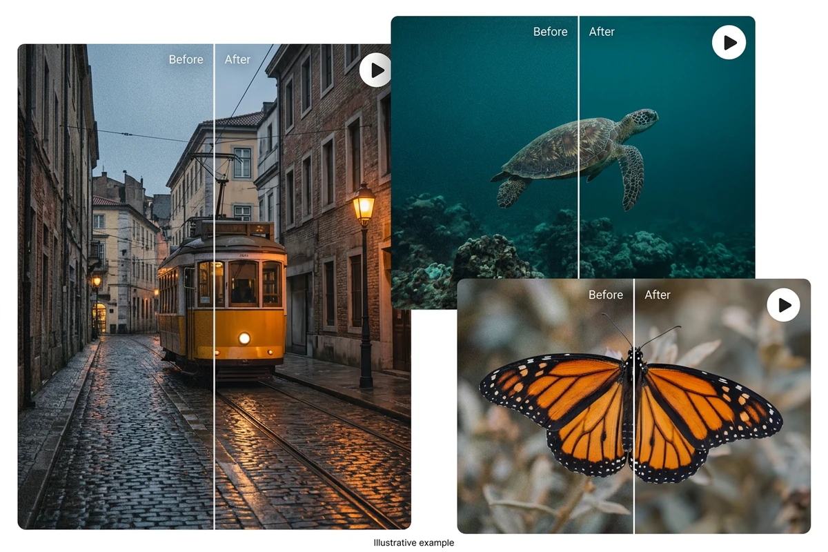 Illustrative grain comparisons of a rainy tram street, sea turtle and orange butterfly.