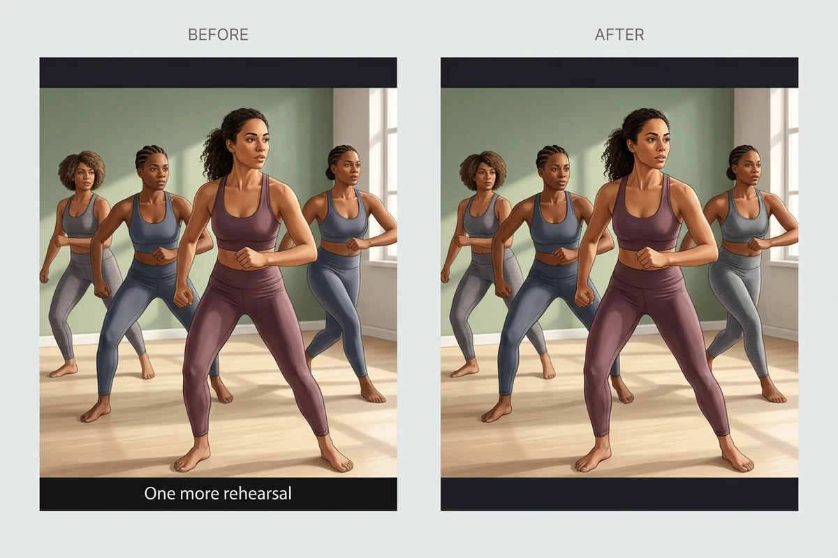 Illustrative dance rehearsal comparison with a bottom subtitle on the left and the same dancers without the subtitle on the right.