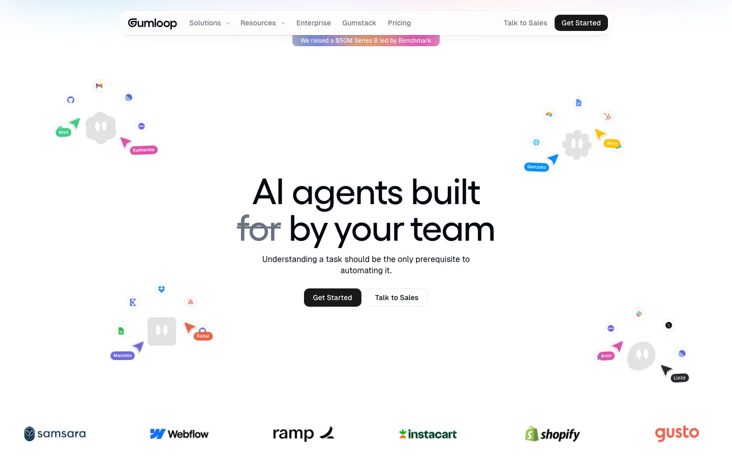 Gumloop homepage showing AI agents and workflow automation