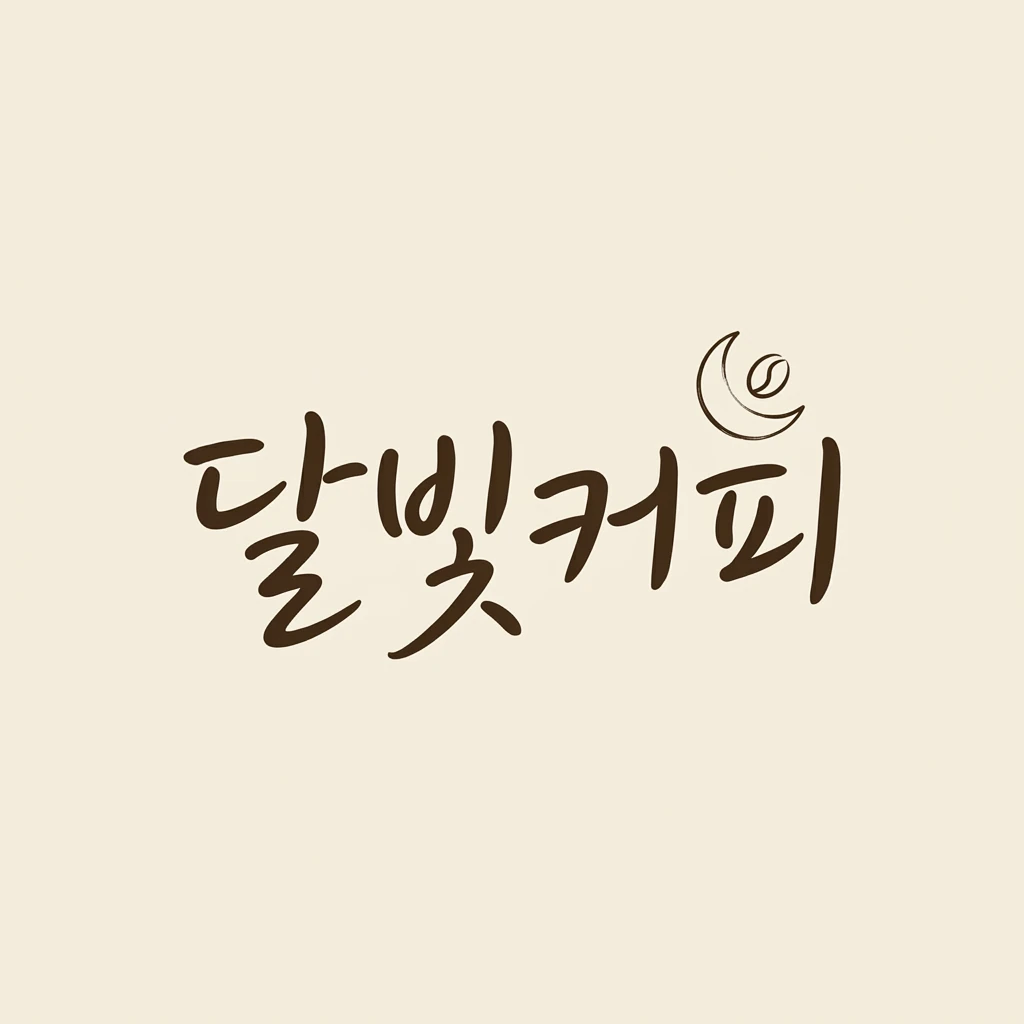 달빛커피 한글 워드마크에 초승달과 커피 원두를 결합한 크림색 배경의 브랜드 로고