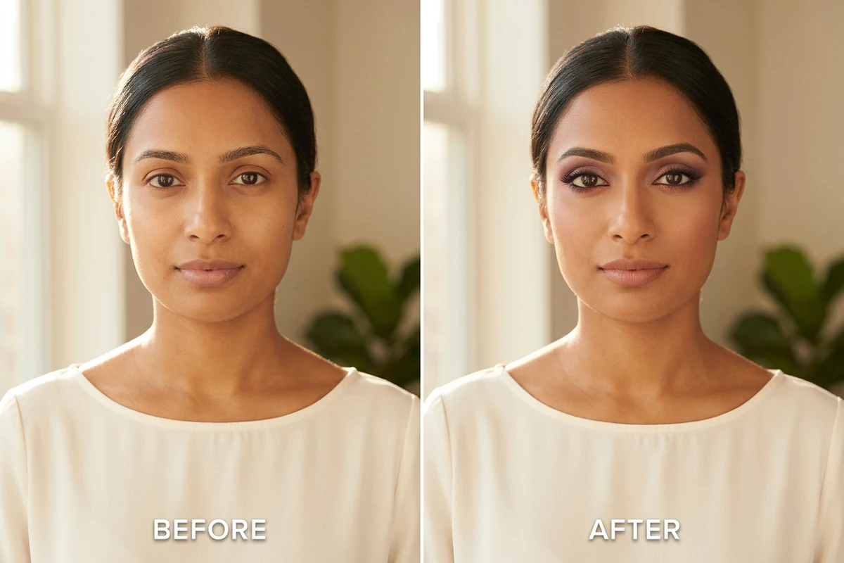 Side-by-side before and after portraits of a woman in a sunlit room, the after panel showing plum cut-crease shadow and a lifted smudged liner flick.