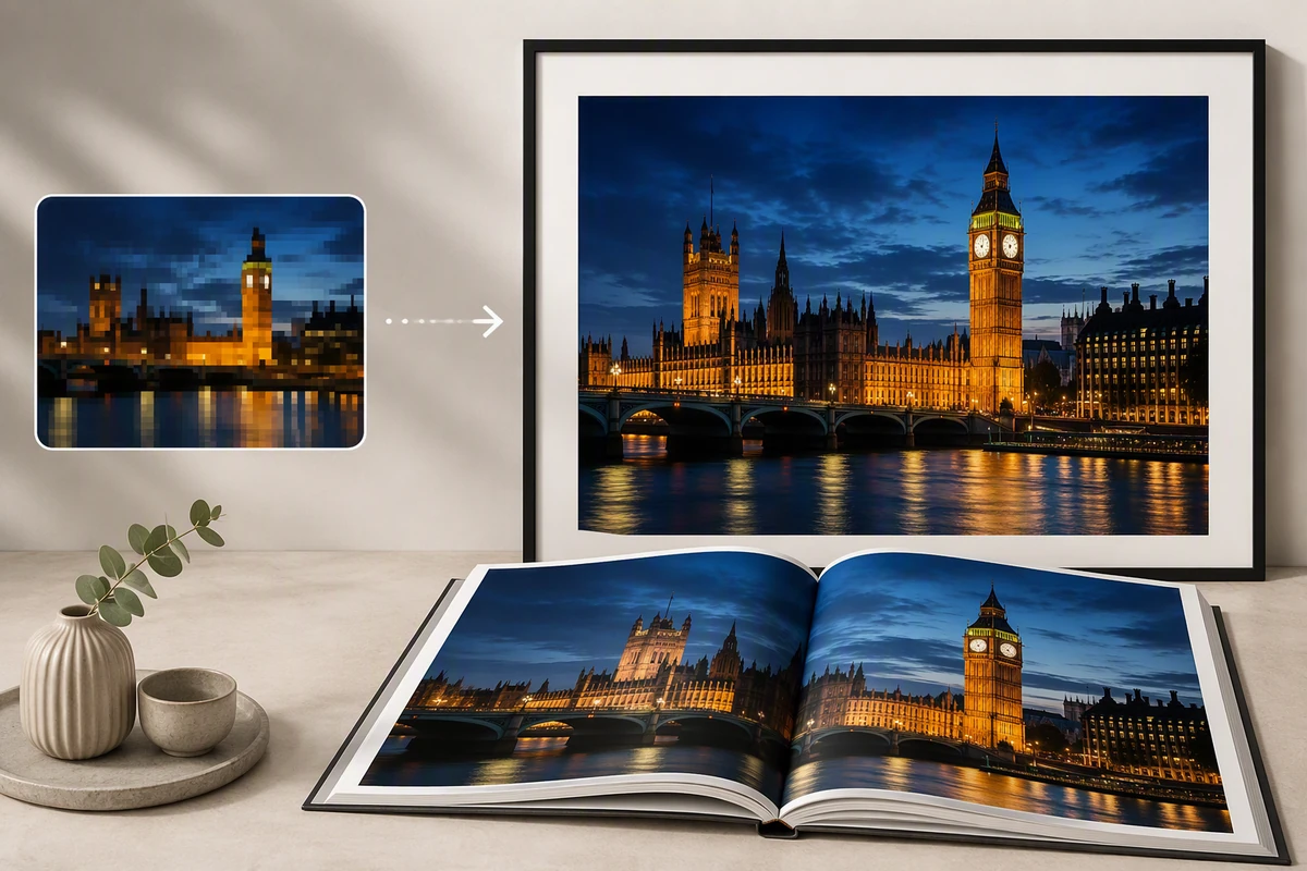 A pixelated London night photo transformed into a sharp framed wall print and photo-book spread.