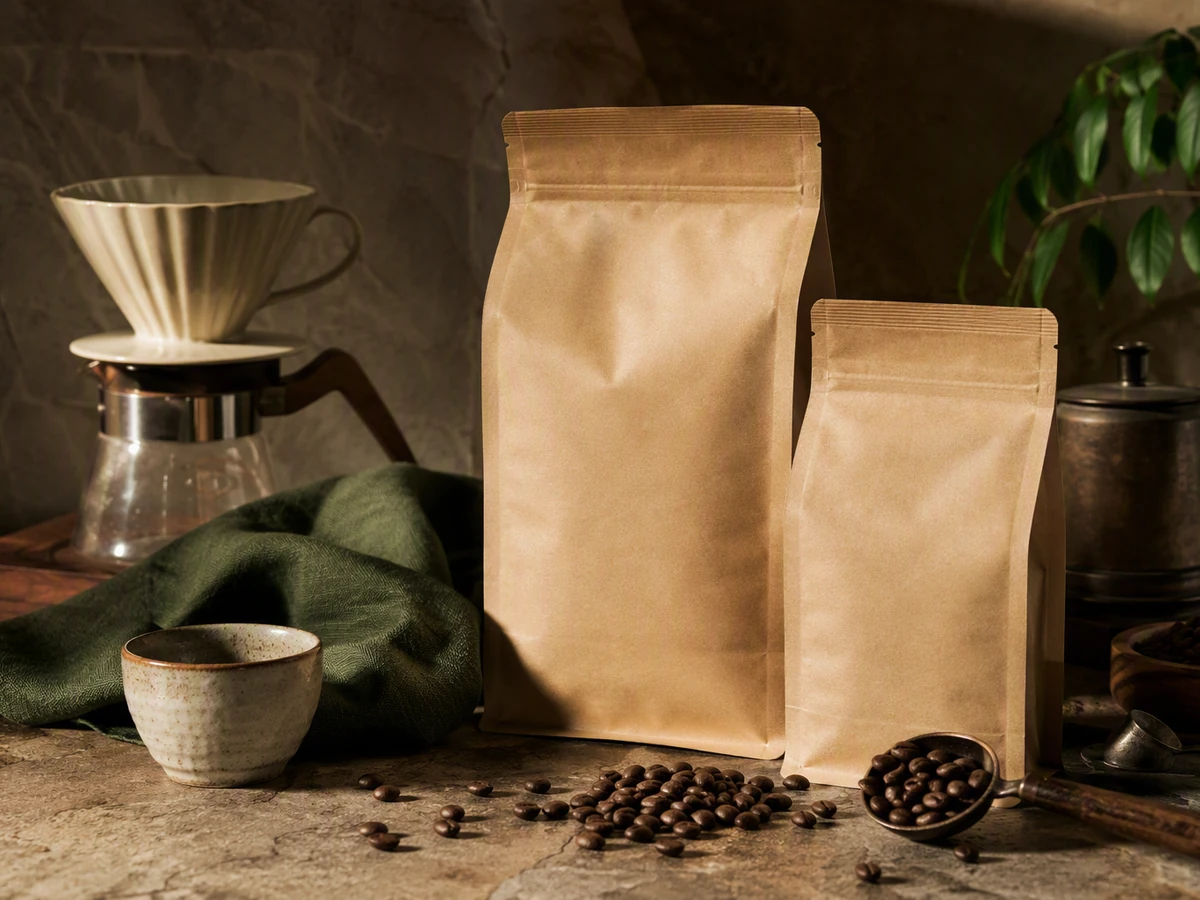 Clean coffee roastery still life with unbranded coffee bags and brewing tools.