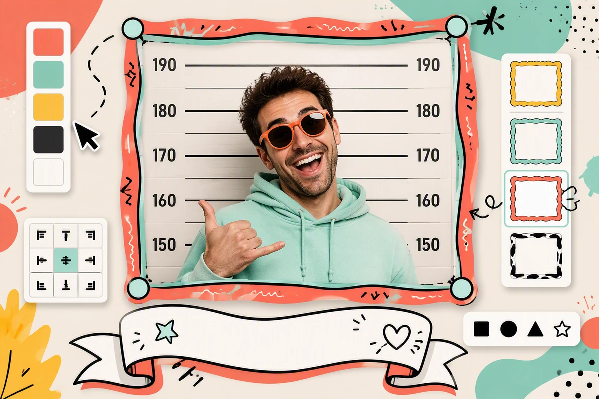 Playful portrait editor with color and frame controls around a smiling man on a numbered height chart.