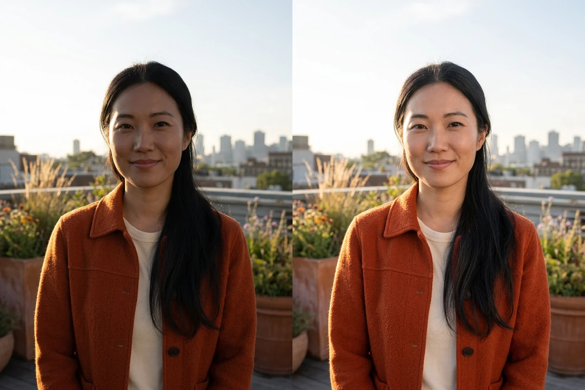 Illustrative rooftop portrait comparison showing soft fill light lifting shadows on a woman in a rust jacket.