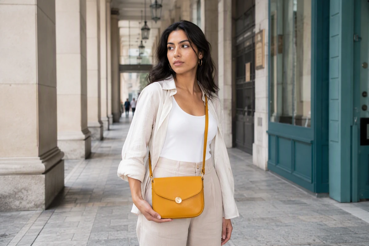Woman holding a mustard-yellow crossbody bag in an airy urban arcade