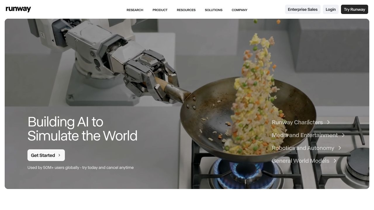 Runway homepage showing its AI video generation positioning and hero visual