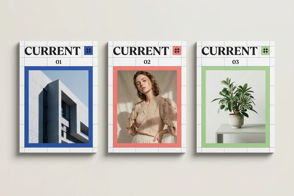 Three CURRENT magazine covers share one grid while varying blue architecture, coral portrait, and green botanical imagery.