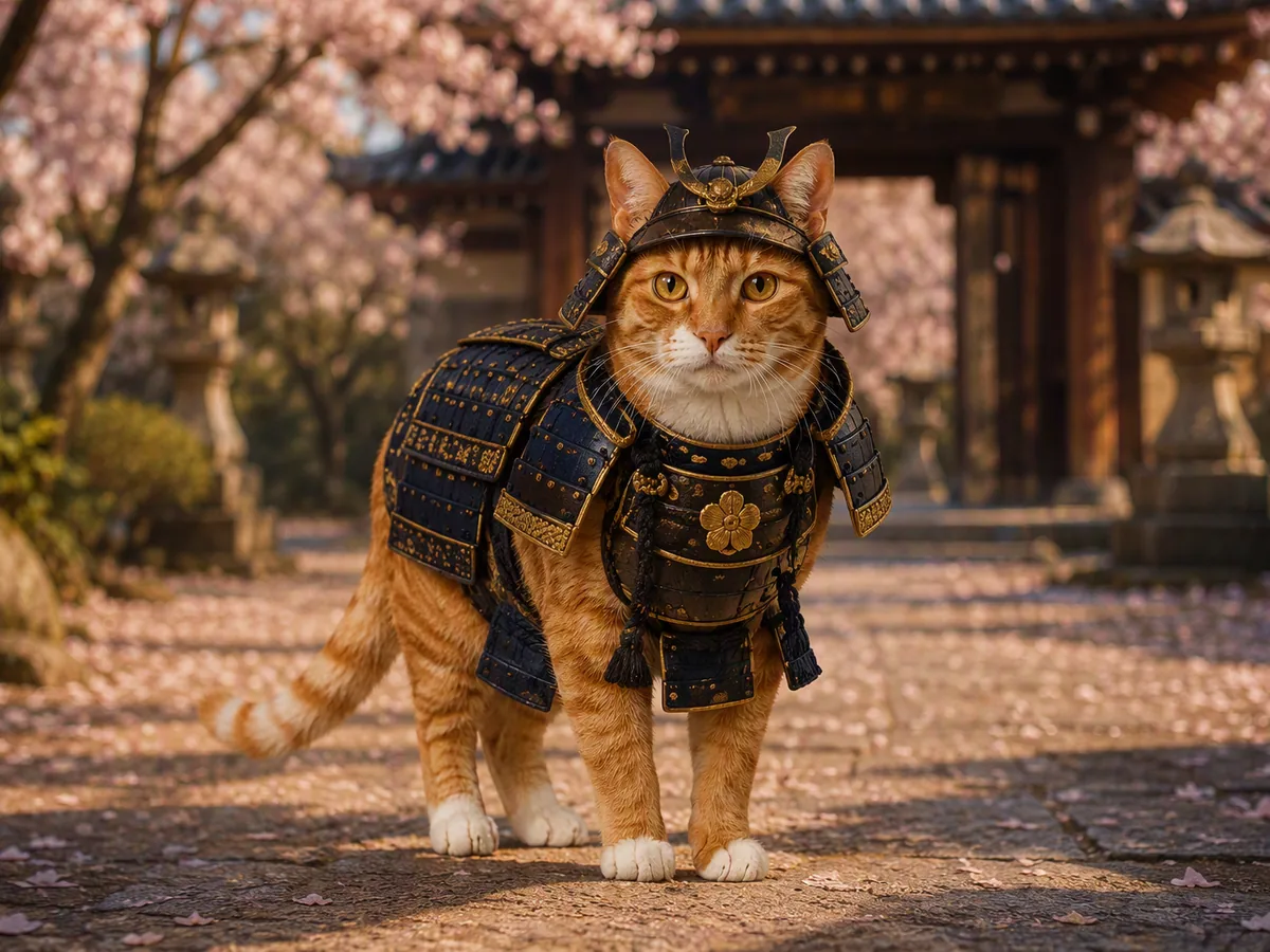 The same orange-and-white tabby cat wearing indigo samurai armor in a cherry-blossom temple courtyard.