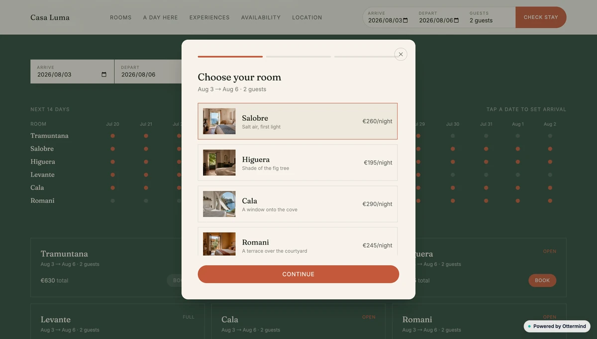 An interactive hotel booking flow with availability data and a room selection dialog