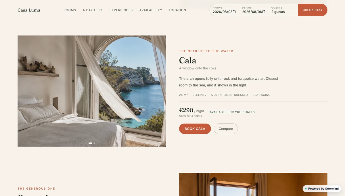 A hotel room page combining clear photography, descriptive copy, pricing, and booking actions