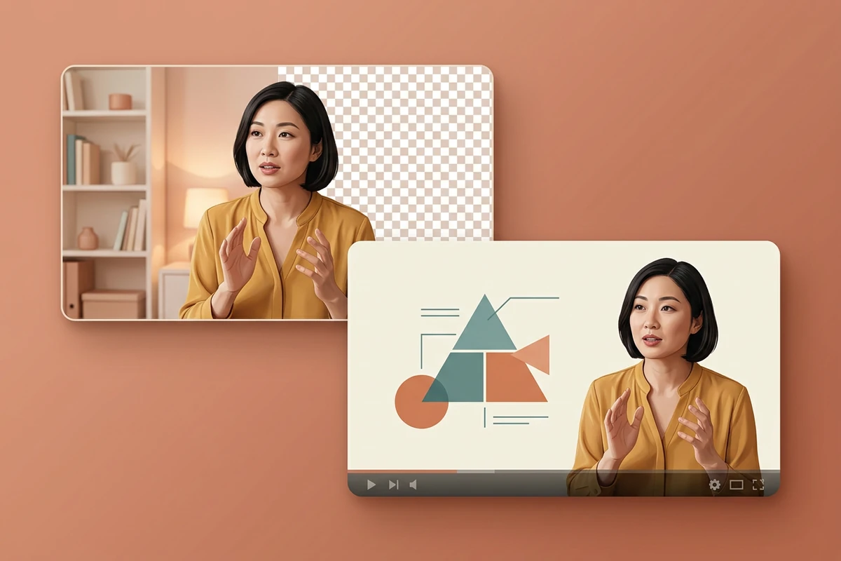 Illustration of a presenter isolated from a room and then combined with a teaching slide in a separate video composition.