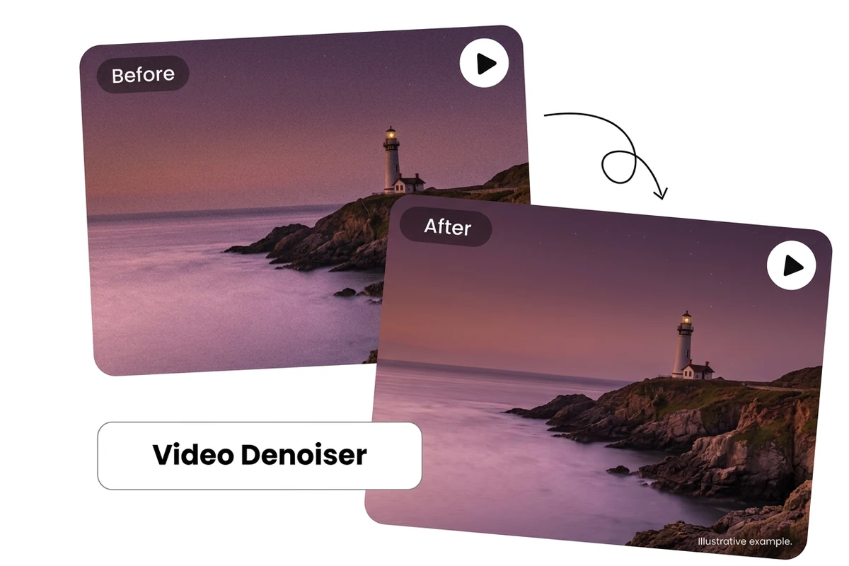 Conceptual before-and-after video cards showing a coastal lighthouse with modest grain reduction.
