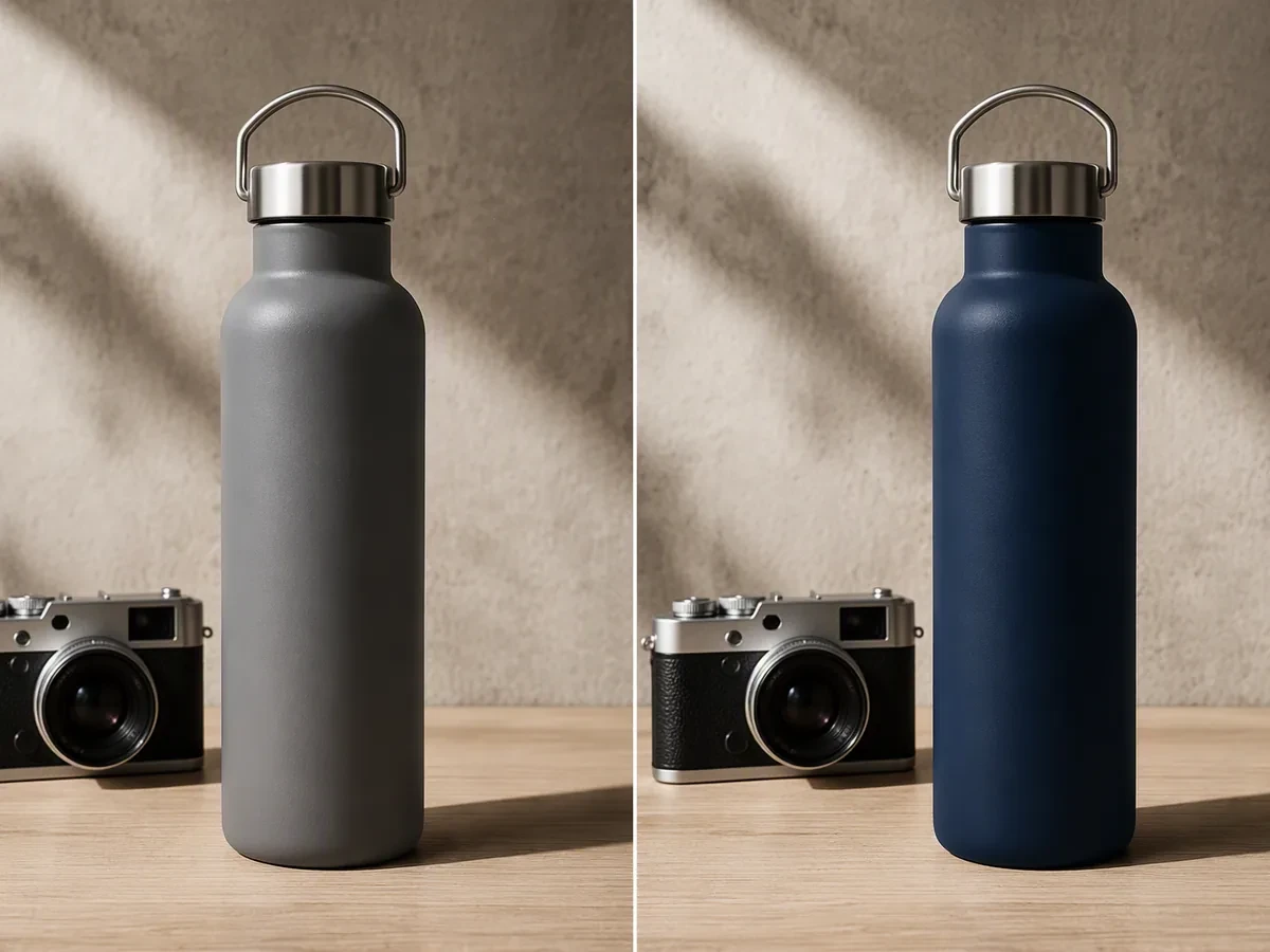 Side-by-side product photo with the same bottle changed from stone gray to deep navy.