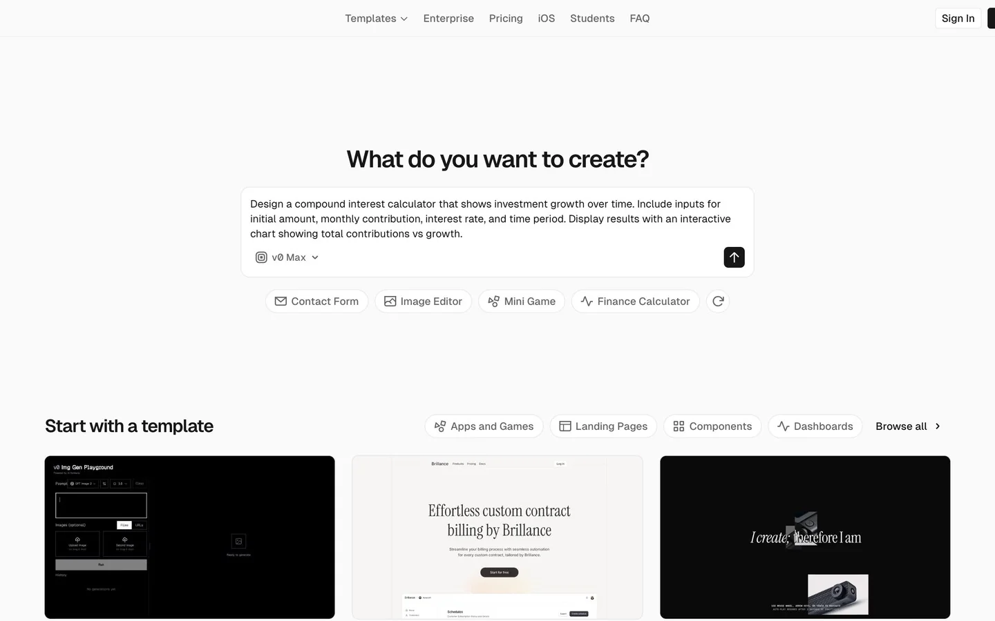 v0 homepage showing AI interface generation and app templates