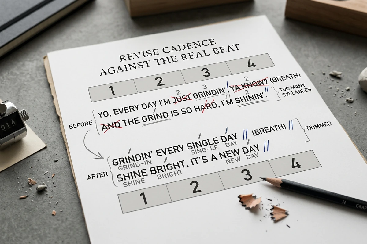 An annotated lyric sheet shows a crowded bar revised beneath a 1-2-3-4 beat-count grid.