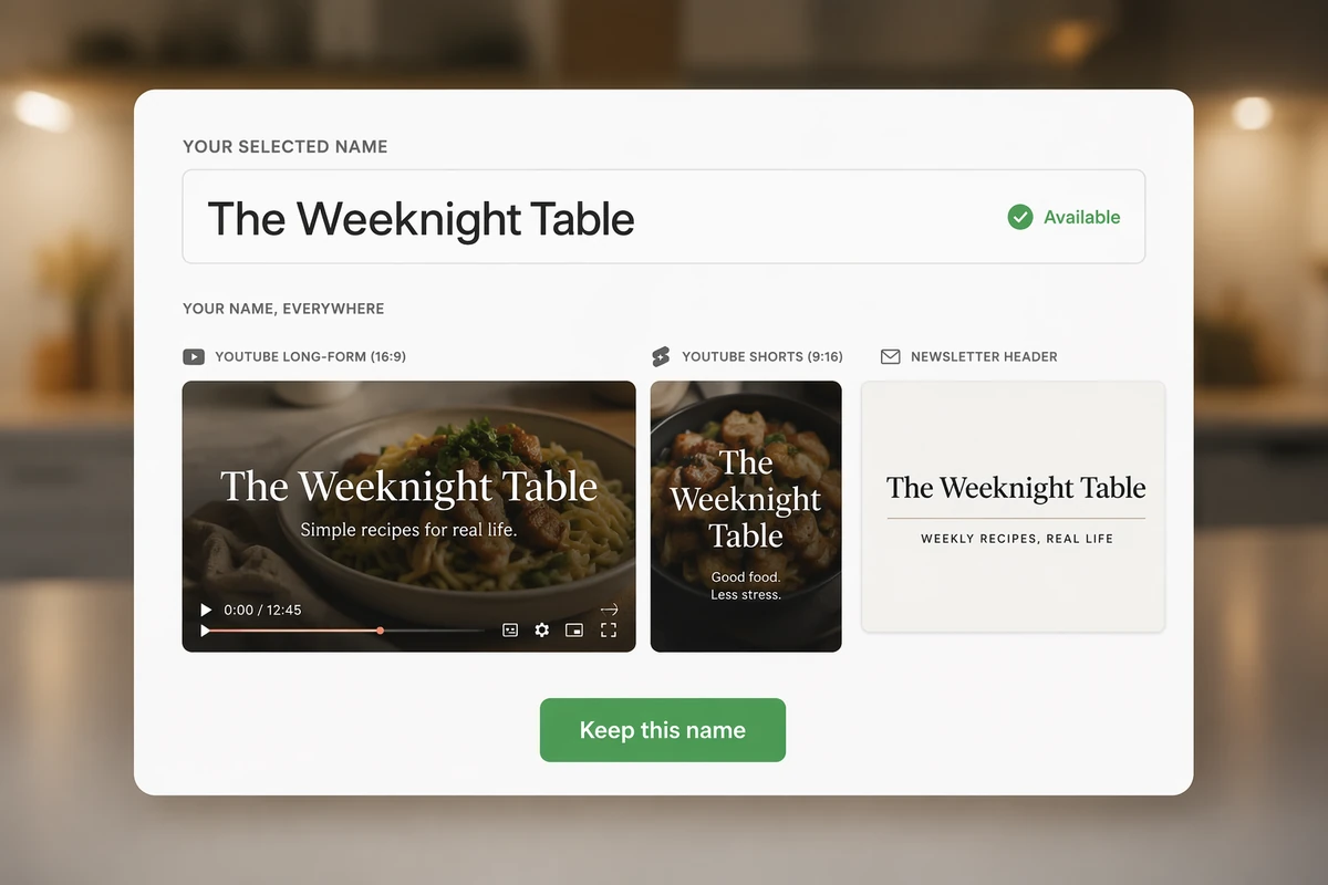 The Weeknight Table name previewed on a video cover, channel banner, and newsletter header