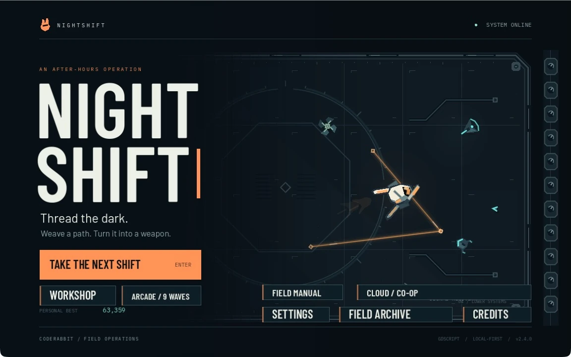 CodeRabbit 公開的 NIGHTSHIFT 遊戲主畫面