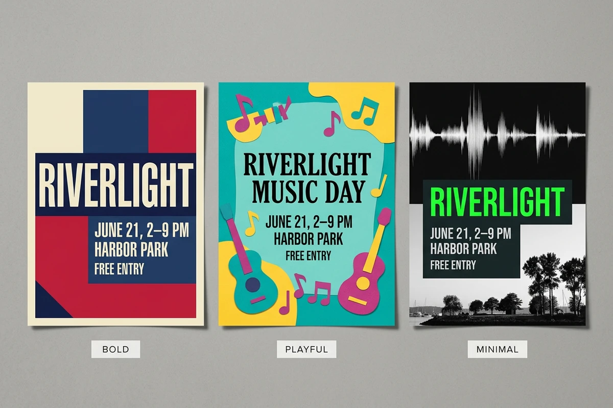 Cesur, eğlenceli ve minimal görsel yönlerde üç uyumlu Riverlight Music Day el ilanı fikri.