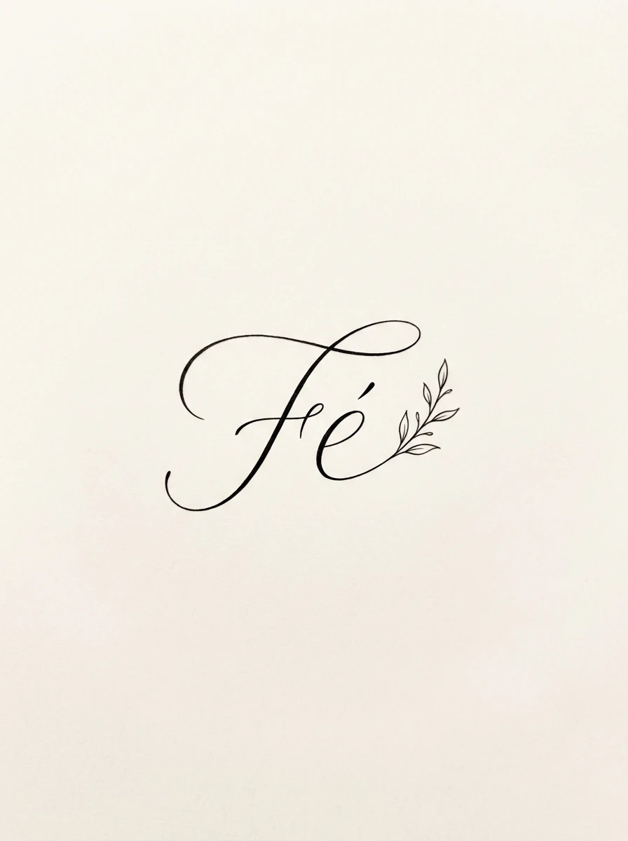 Palavra Fé em lettering cursivo preto com um pequeno ramo botânico