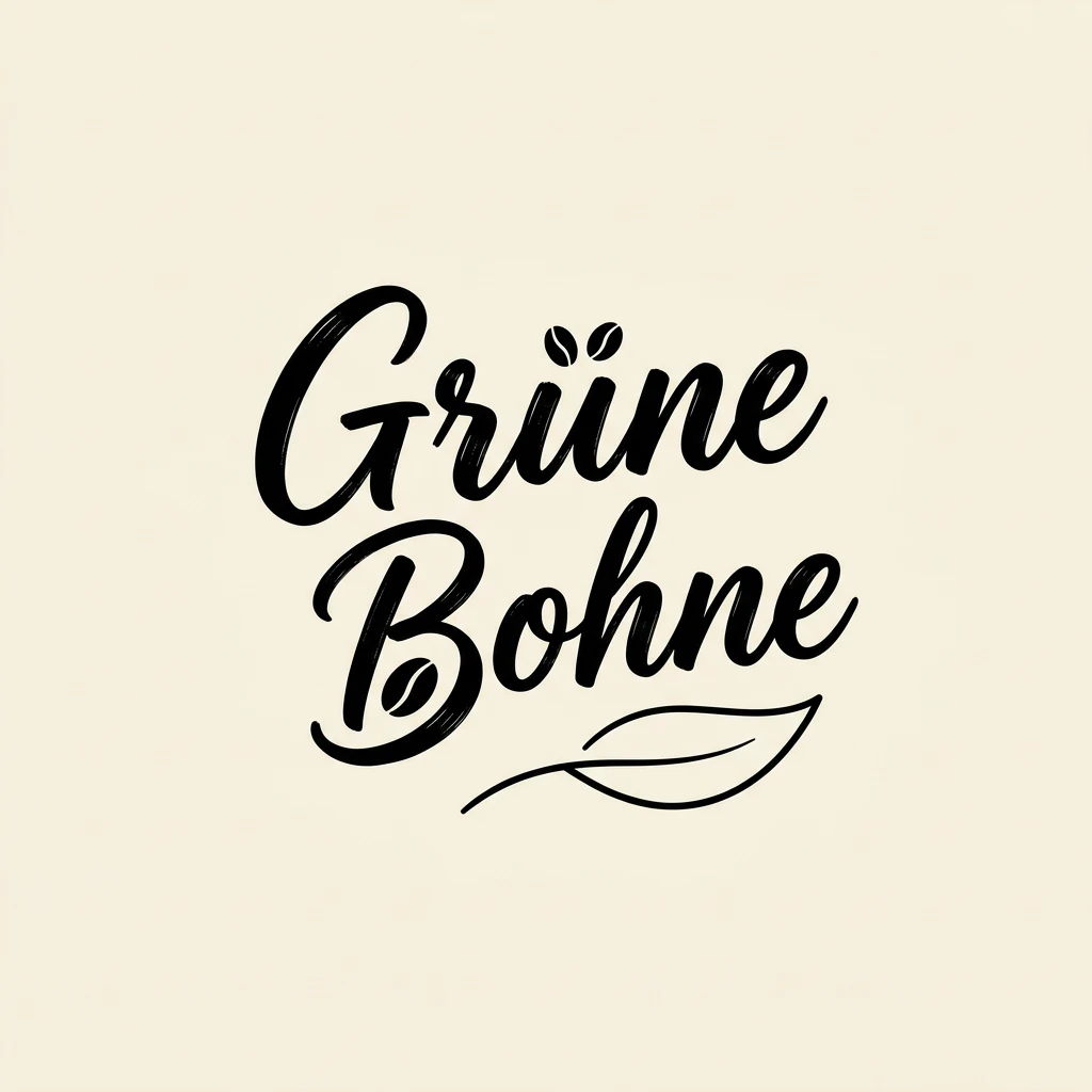 Grüne Bohne als schwarzes handschriftliches Logo mit Kaffeebohnen und Blatt