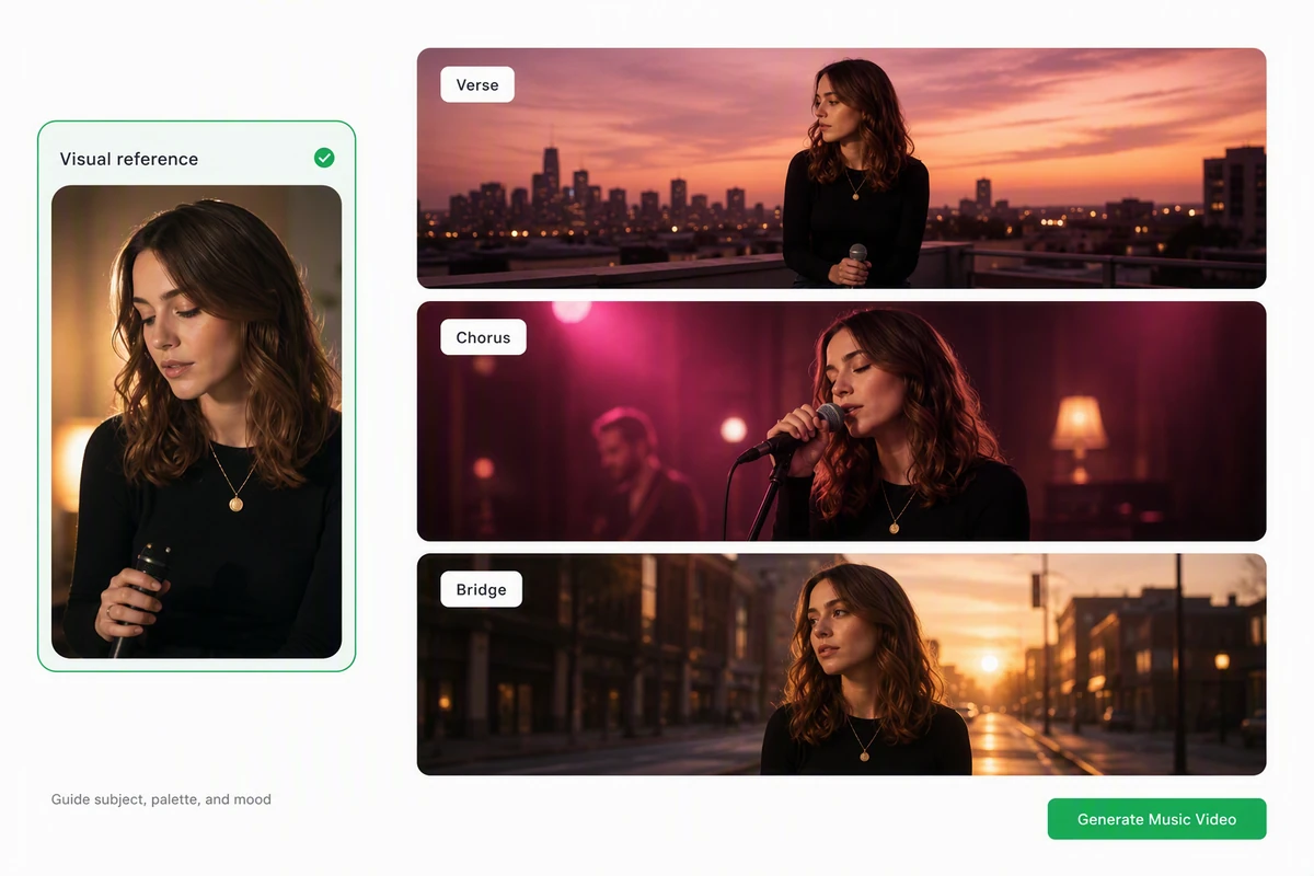 A performer reference guiding three coordinated music video scenes