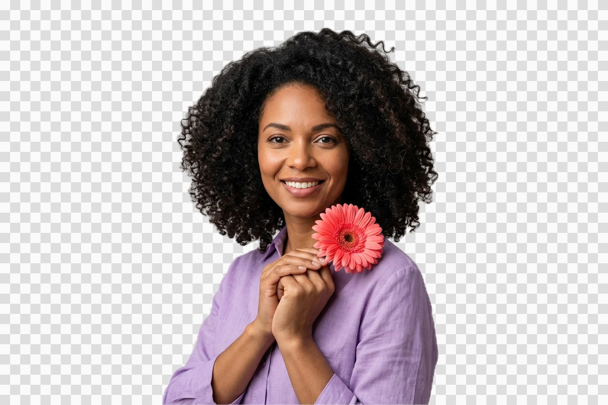 Curly-haired woman in a lavender blouse holding a coral flower against a checkerboard background.