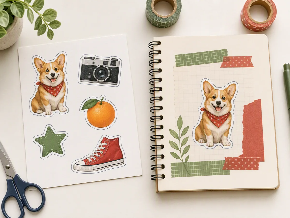 Printable sticker sheet with a corgi, camera, orange, star, and sneaker beside a decorated journal.