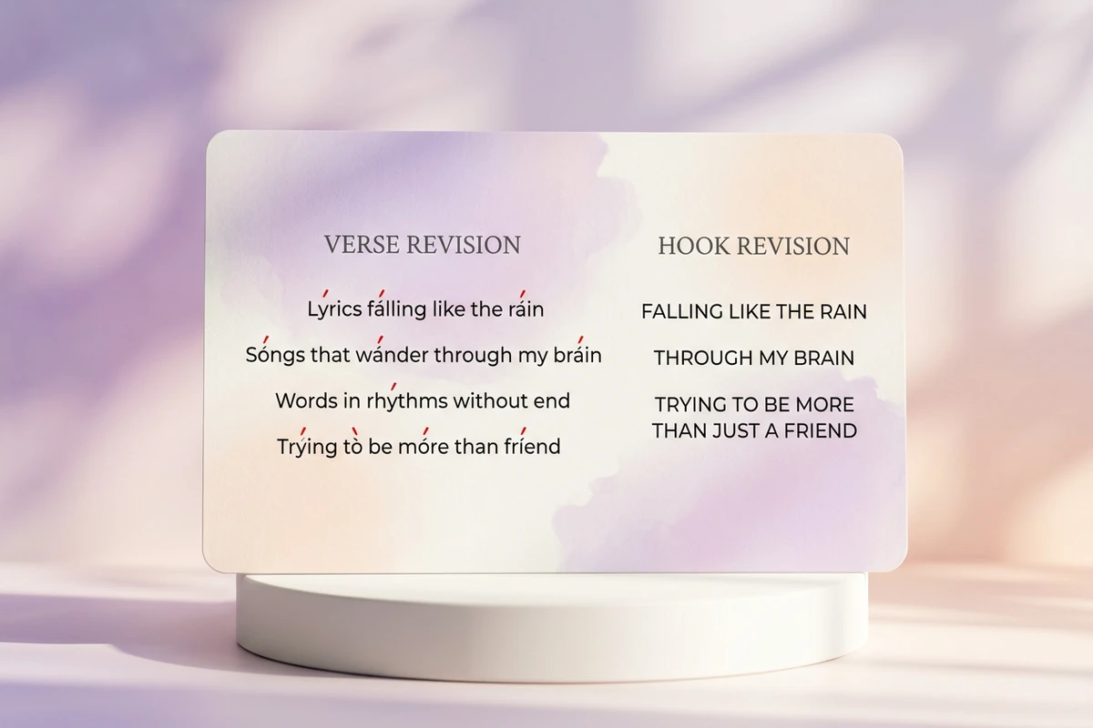 Lyric lines with syllable stress marks and a shorter hook revision on a document card