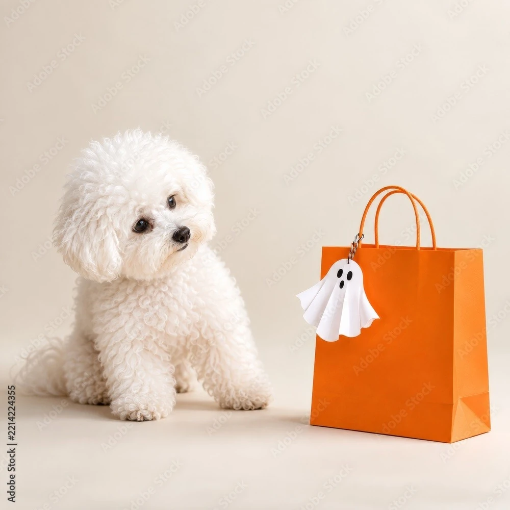 Puppy Beside Orange Bag with Ghost Tag