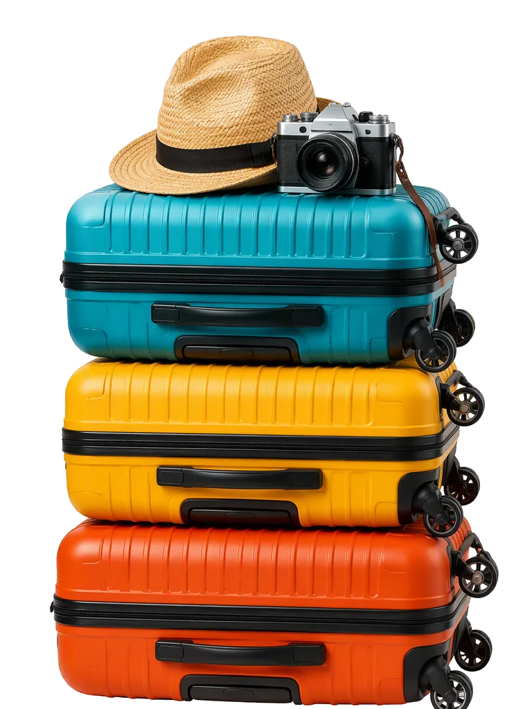 Stack of three colorful suitcases with a straw hat and camera on a transparent background.