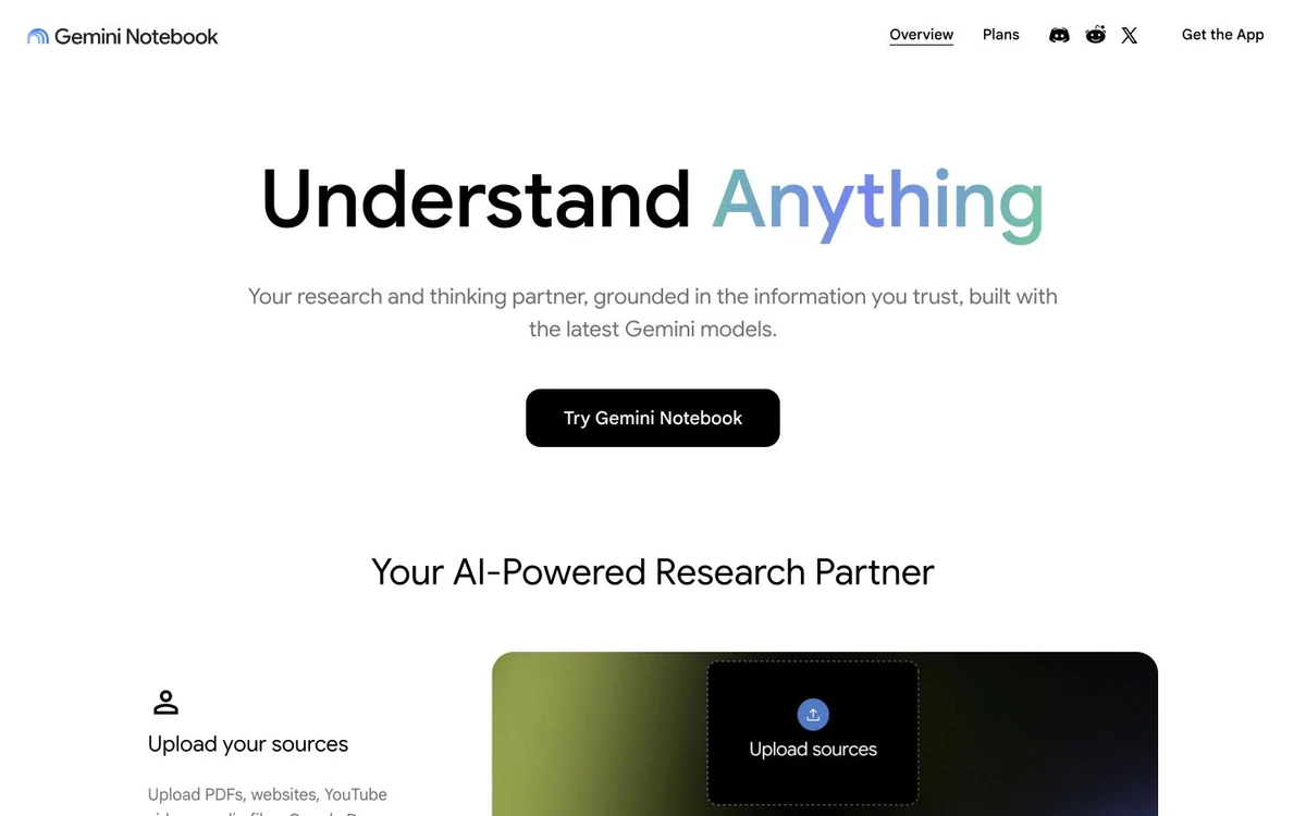 NotebookLM product page showing source-grounded research, document analysis, and citations