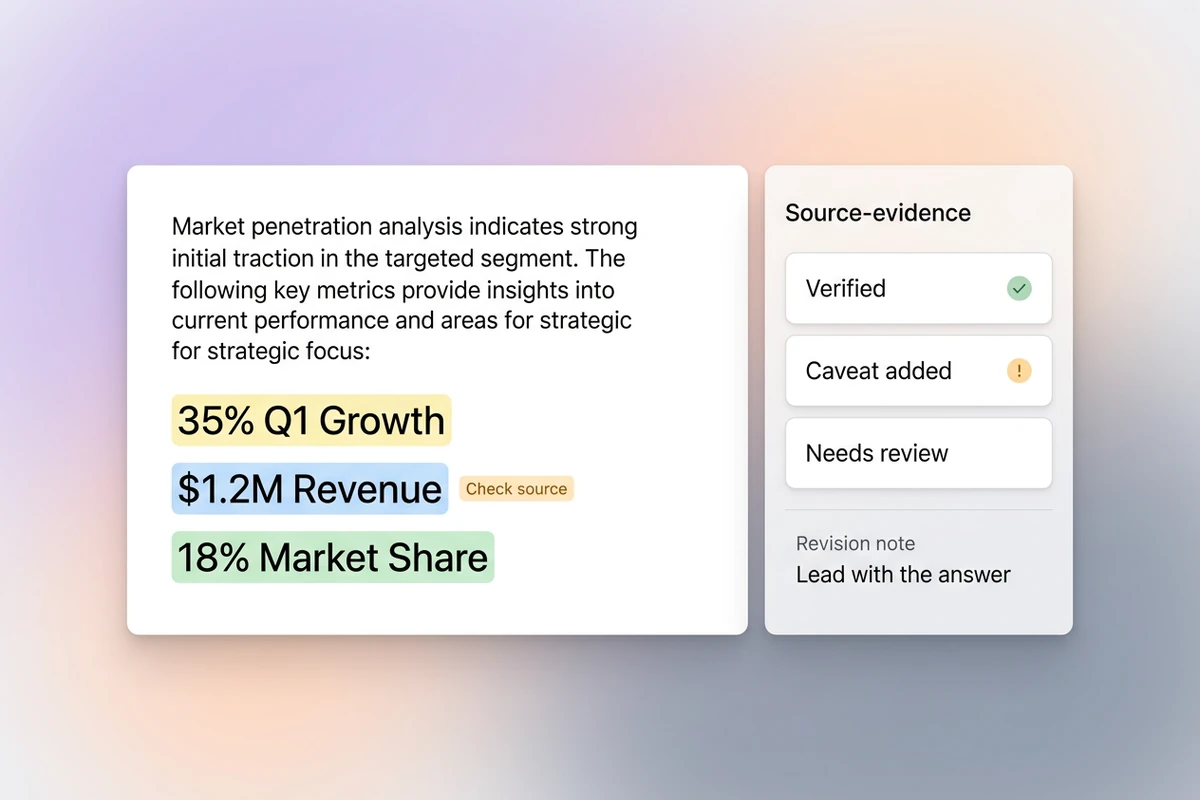 Split report review workspace with highlighted metrics, a source check, verified and caveat-added states, and one item needing review.