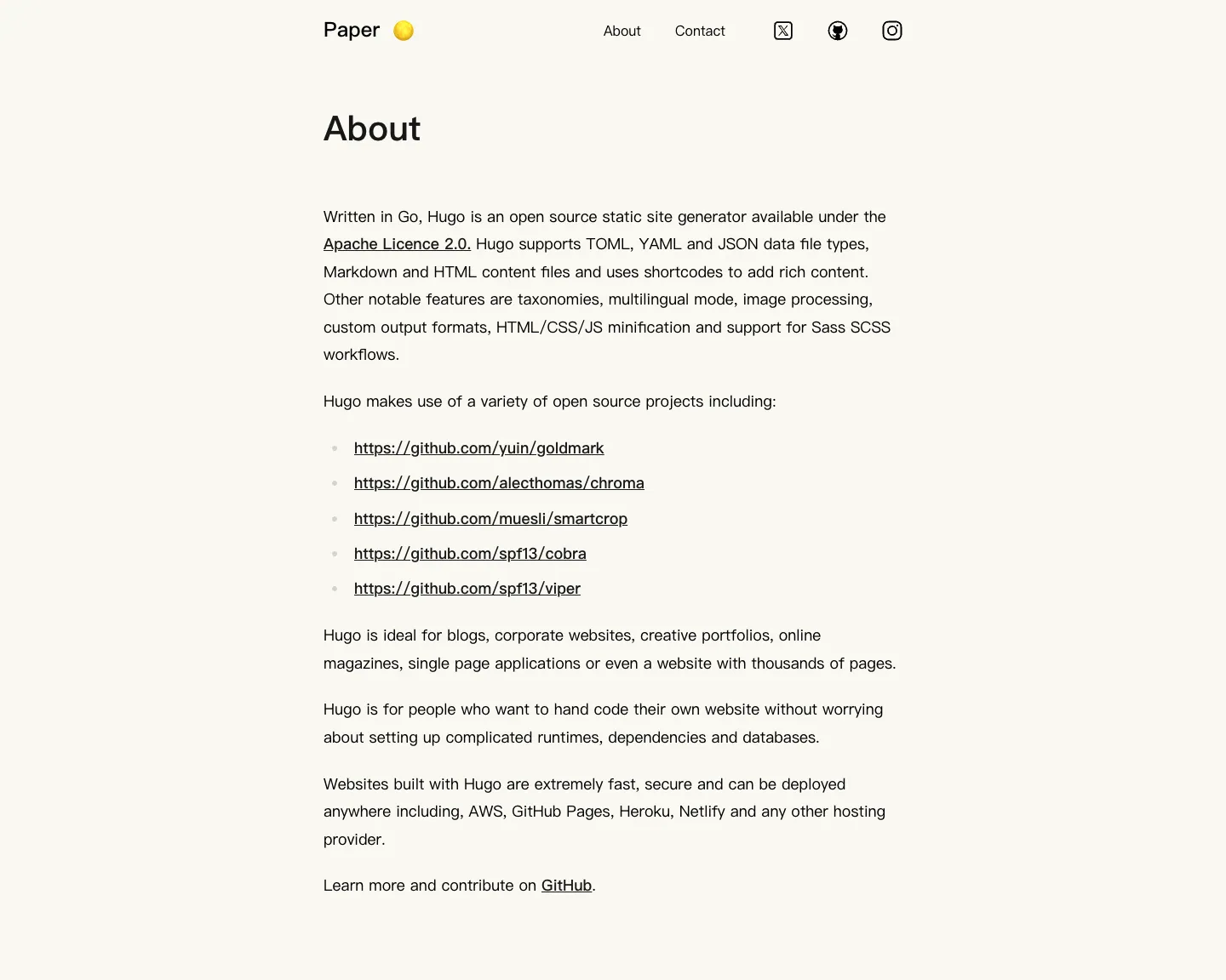 Paper website template, /about/ page, part 1