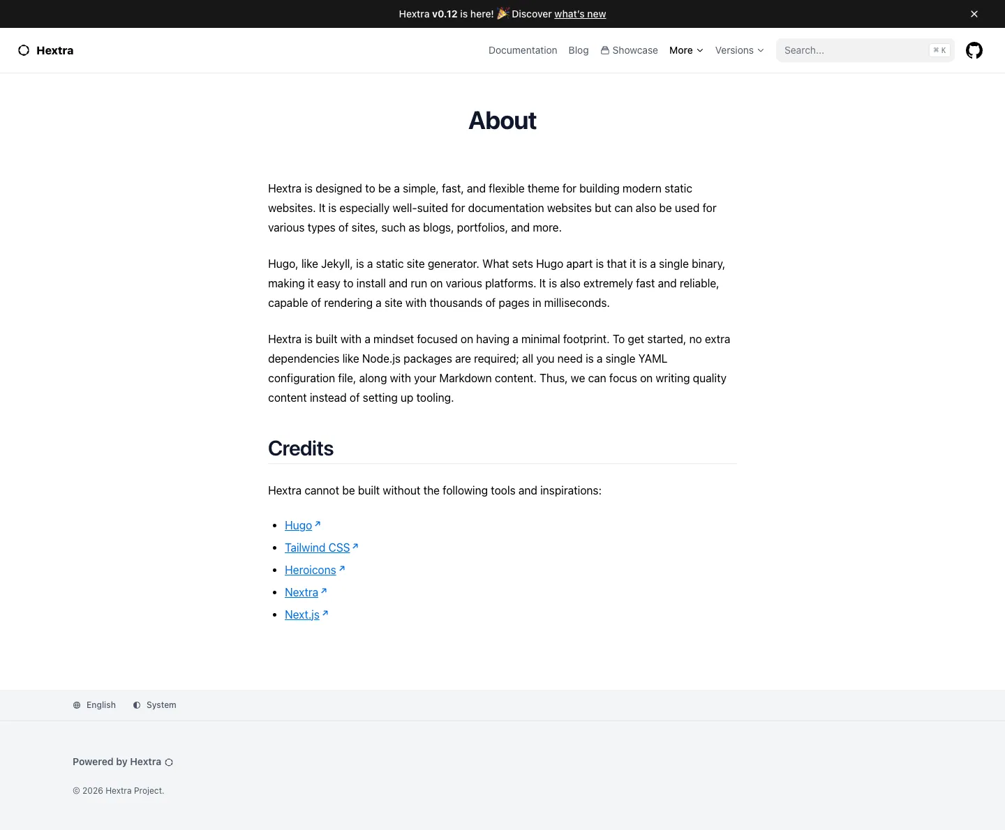 Hextra website template, /hextra/about page, part 1
