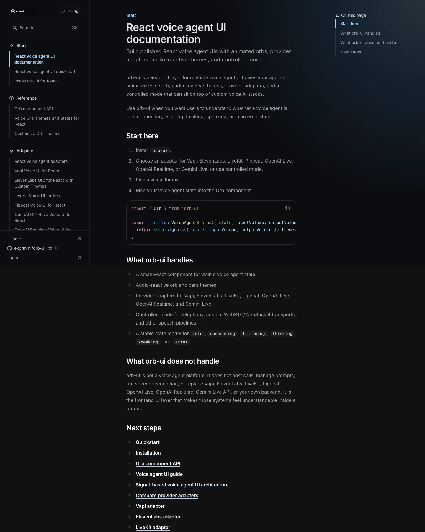 orb-ui website template, /docs page, part 1
