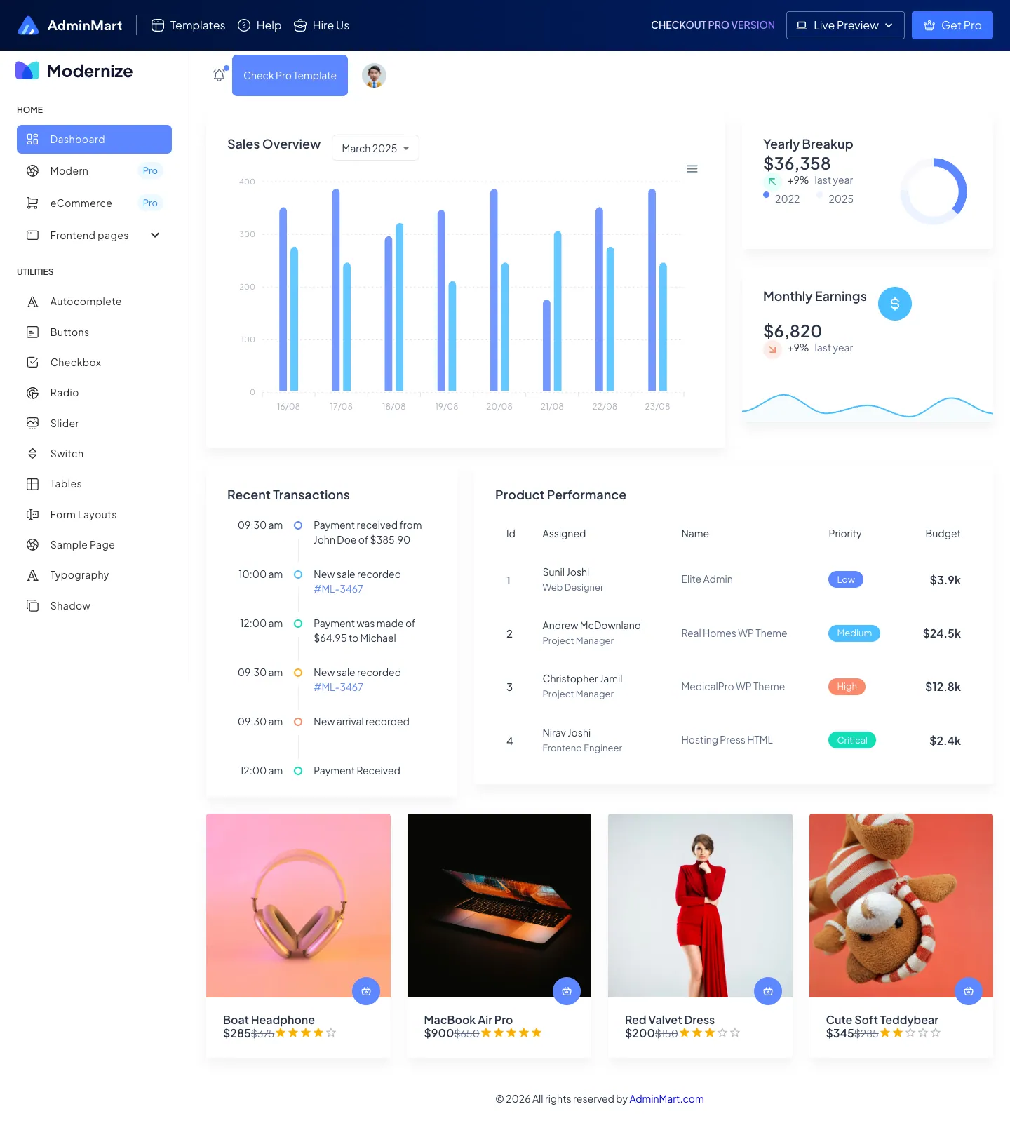 Modernize Free React MUI Dashboard website template, / page, part 1