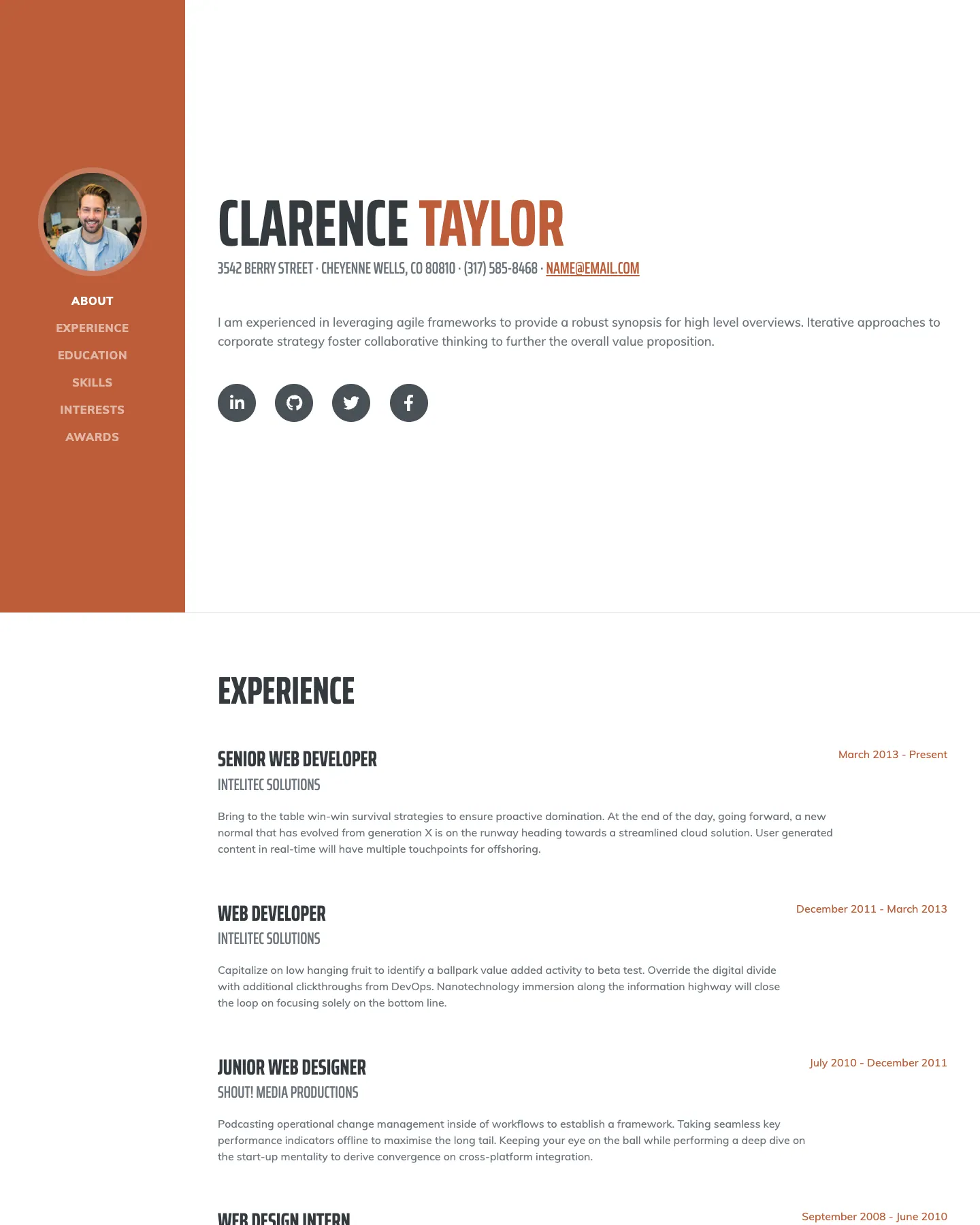 Resume website template, /startbootstrap-resume/ page, part 1