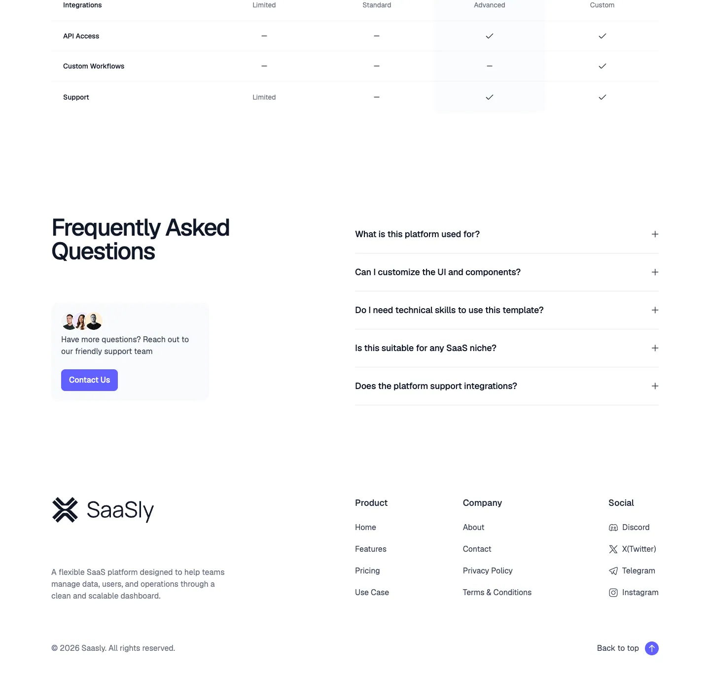 SaaSly website template, /pricing page, part 2