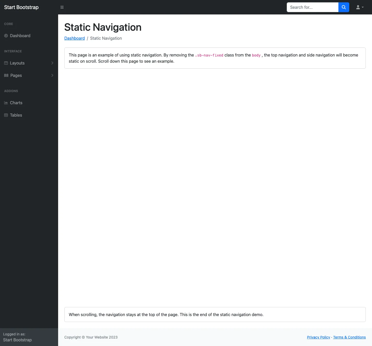 Sb Admin website template, /startbootstrap-sb-admin/layout-static.html page, part 1