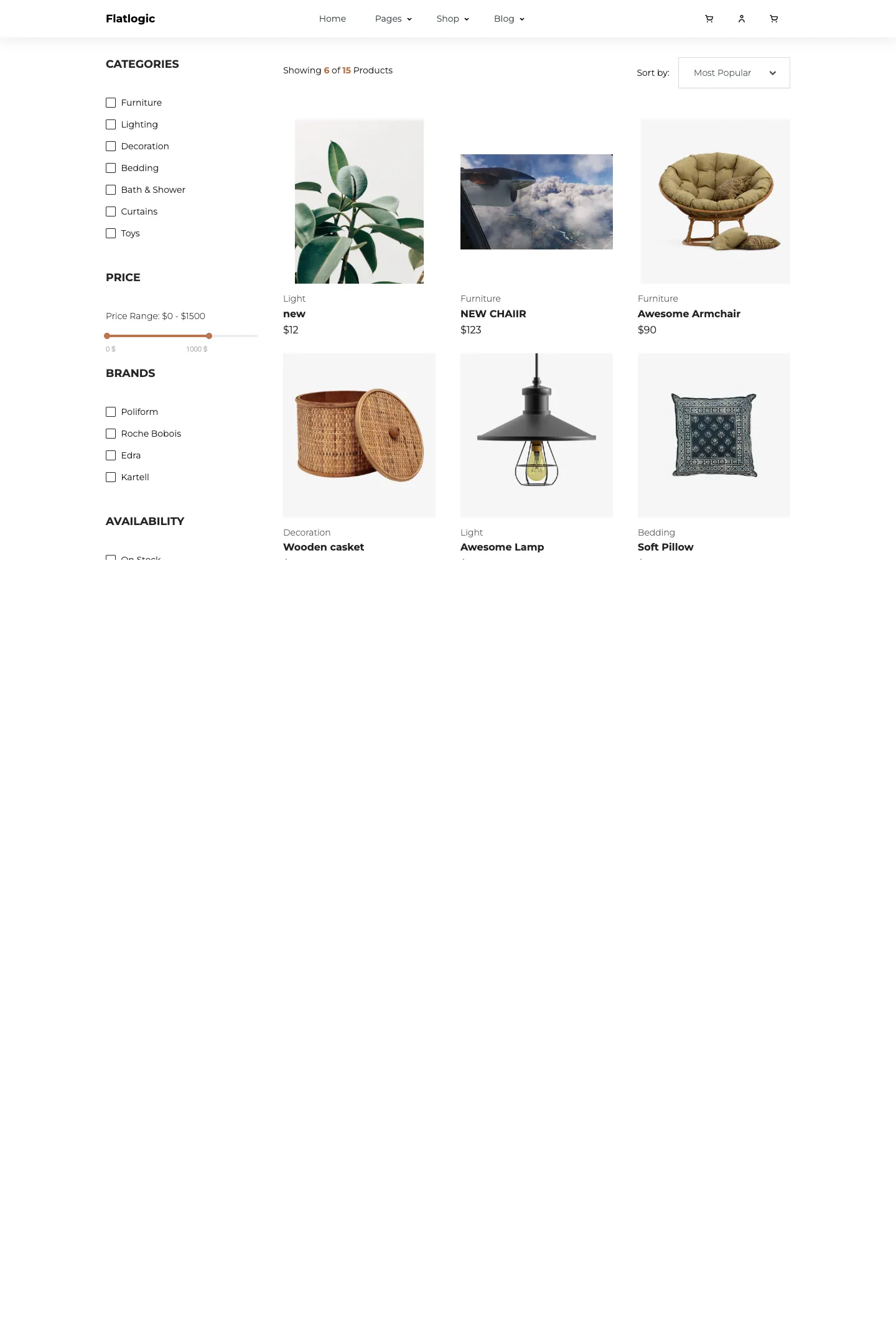 Ecommerce React Template website template, /shop page, part 1